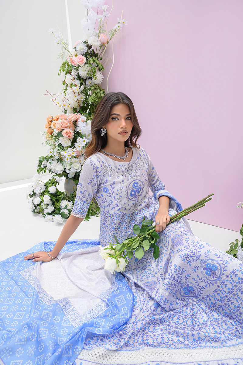 Fatima Khan | Eid Digital Silk Prints | Azure Blue -  Fatima Khan Ladies Clothes - Original Designer Dress - House of Maryam