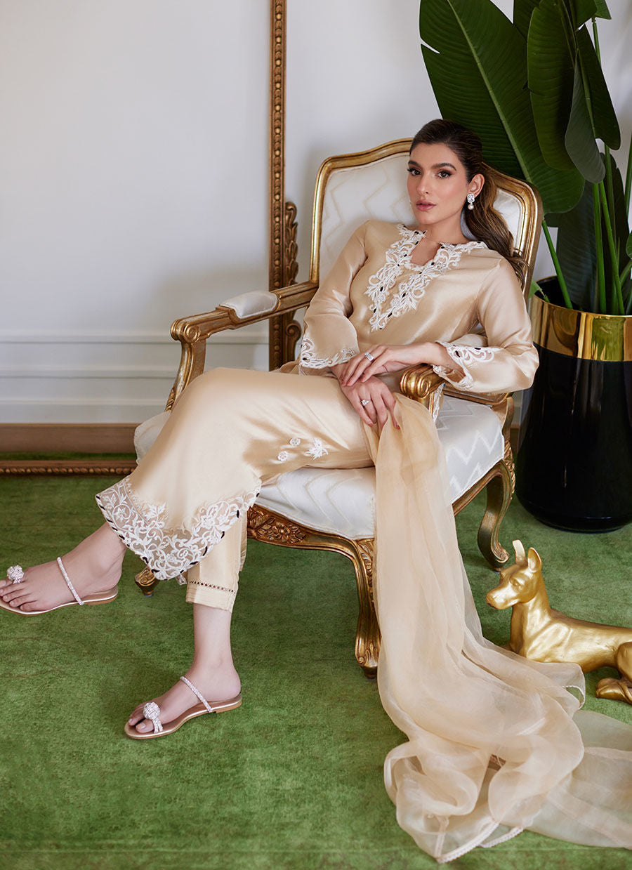 Farah Talib Aziz | Luna Eid Collection 24 | MELVINA CHAMPAGNE BEIGE -  Farah Talib Aziz Luxury - Original Designer Dress - House of Maryam