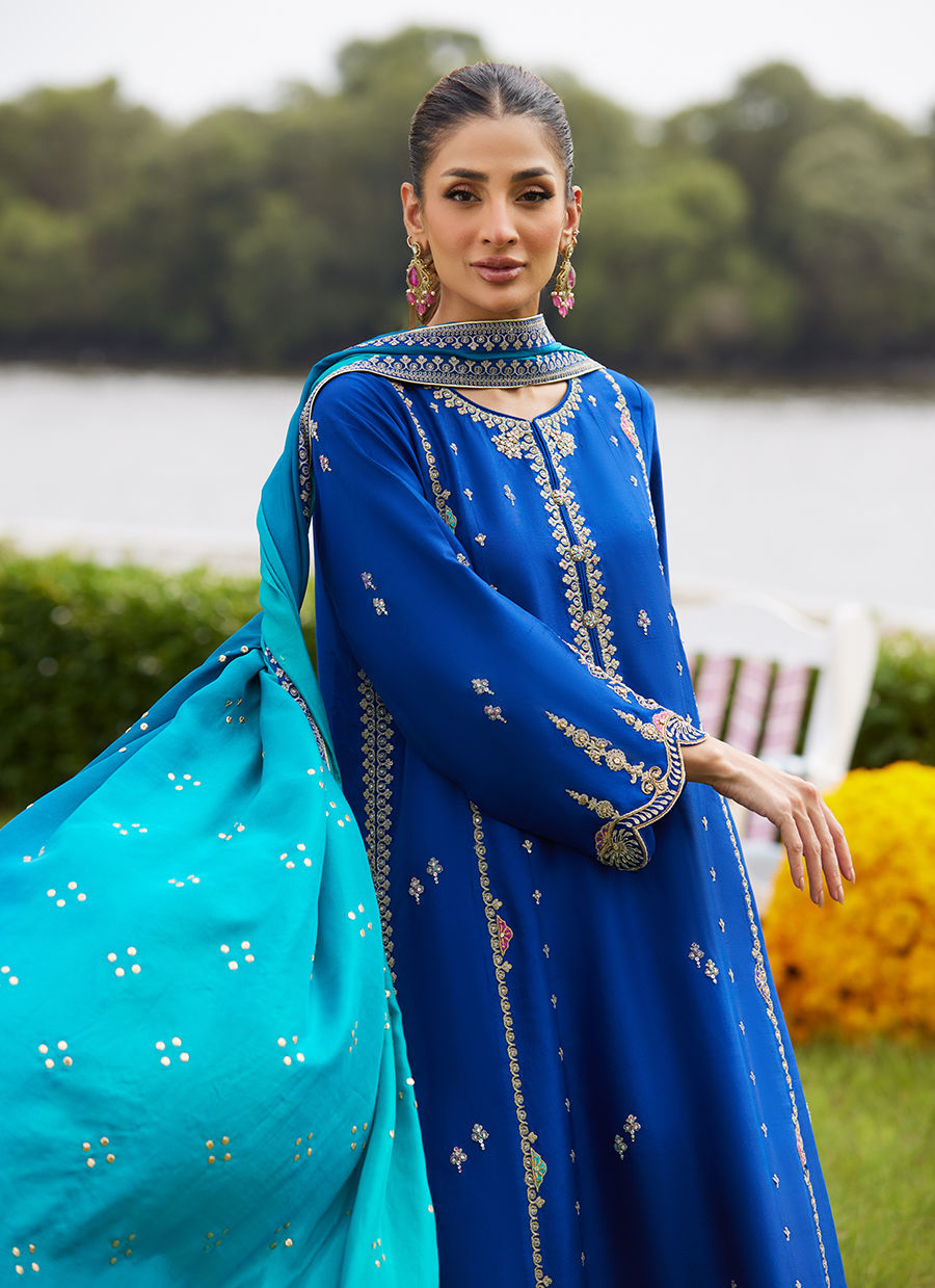Farah Talib Aziz | Mayna Festive Luxe Pret | Opal Blue Shirt And Dupatta-4