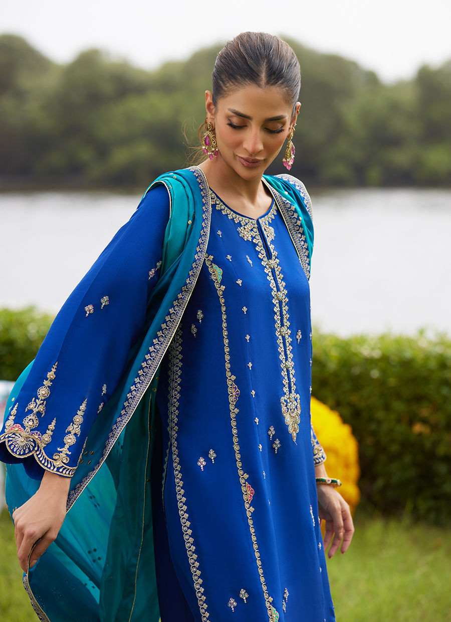 Farah Talib Aziz | Mayna Festive Luxe Pret | Opal Blue Shirt And Dupatta, image 5