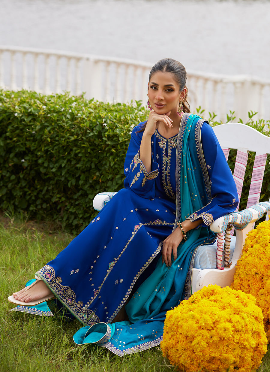 Farah Talib Aziz | Mayna Festive Luxe Pret | Opal Blue Shirt And Dupatta-6