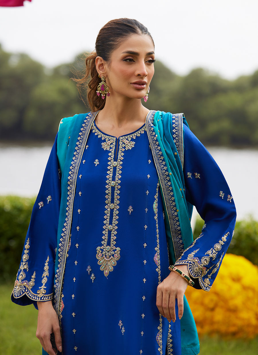 Farah Talib Aziz | Mayna Festive Luxe Pret | Opal Blue Shirt And Dupatta-3