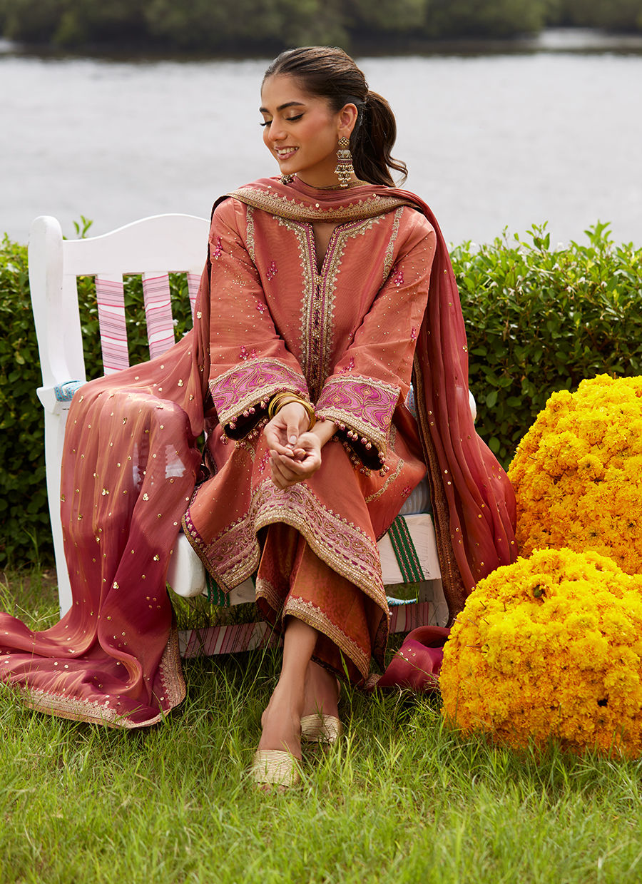 Farah Talib Aziz | Mayna Festive Luxe Pret | Rivaaz Coral Shirt And Dupatta-4
