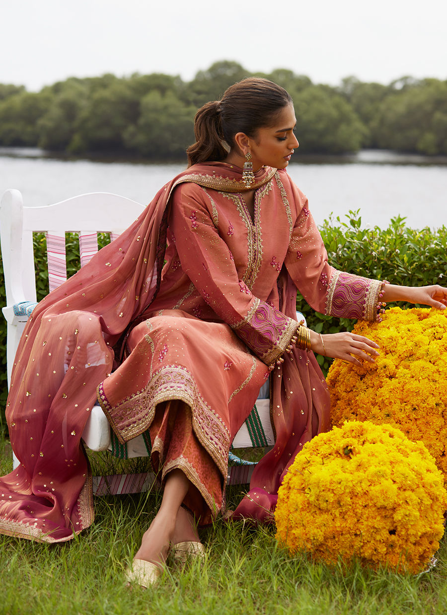 Farah Talib Aziz | Mayna Festive Luxe Pret | Rivaaz Coral Shirt And Dupatta-5