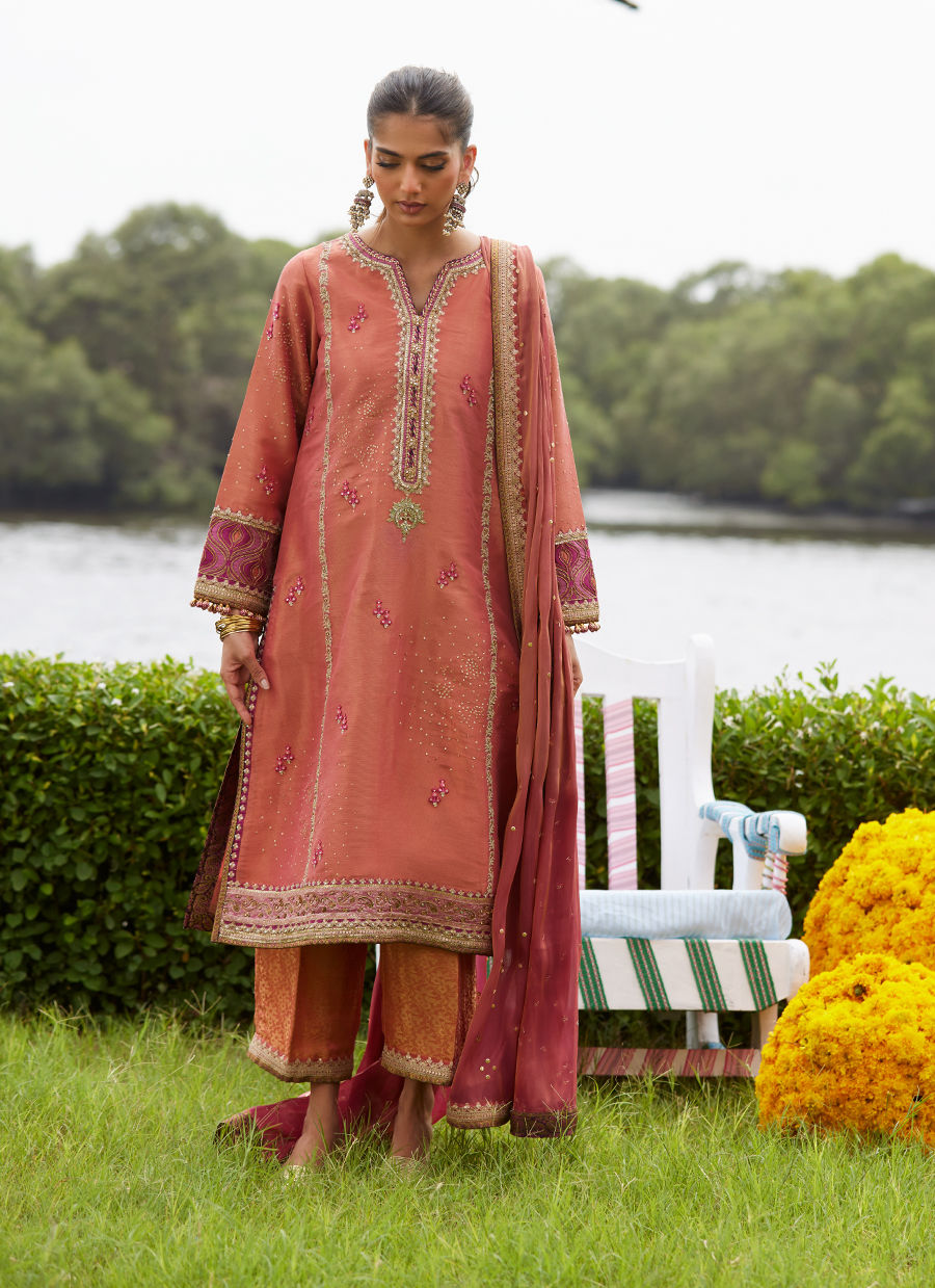 Farah Talib Aziz | Mayna Festive Luxe Pret | Rivaaz Coral Shirt And Dupatta-2