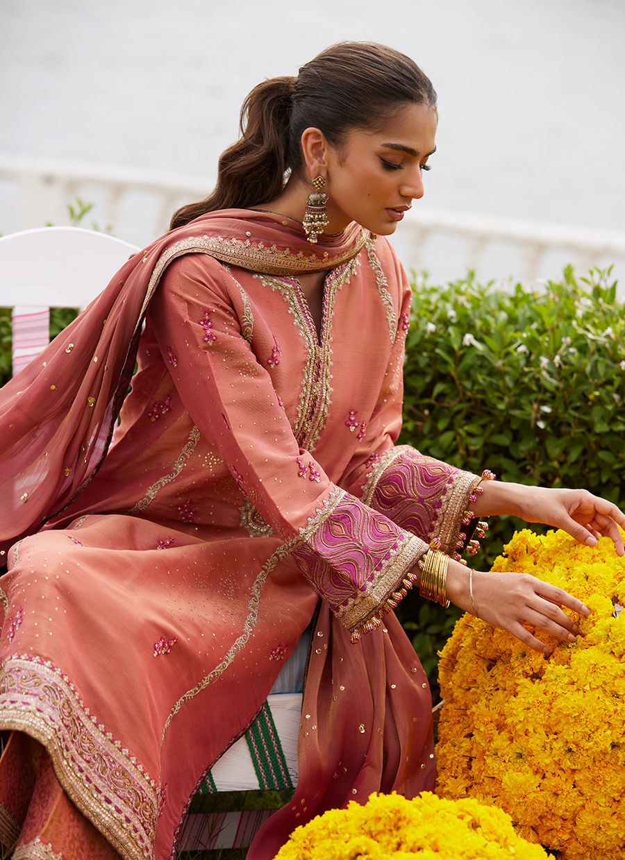 Farah Talib Aziz | Mayna Festive Luxe Pret | Rivaaz Coral Shirt And Dupatta-3