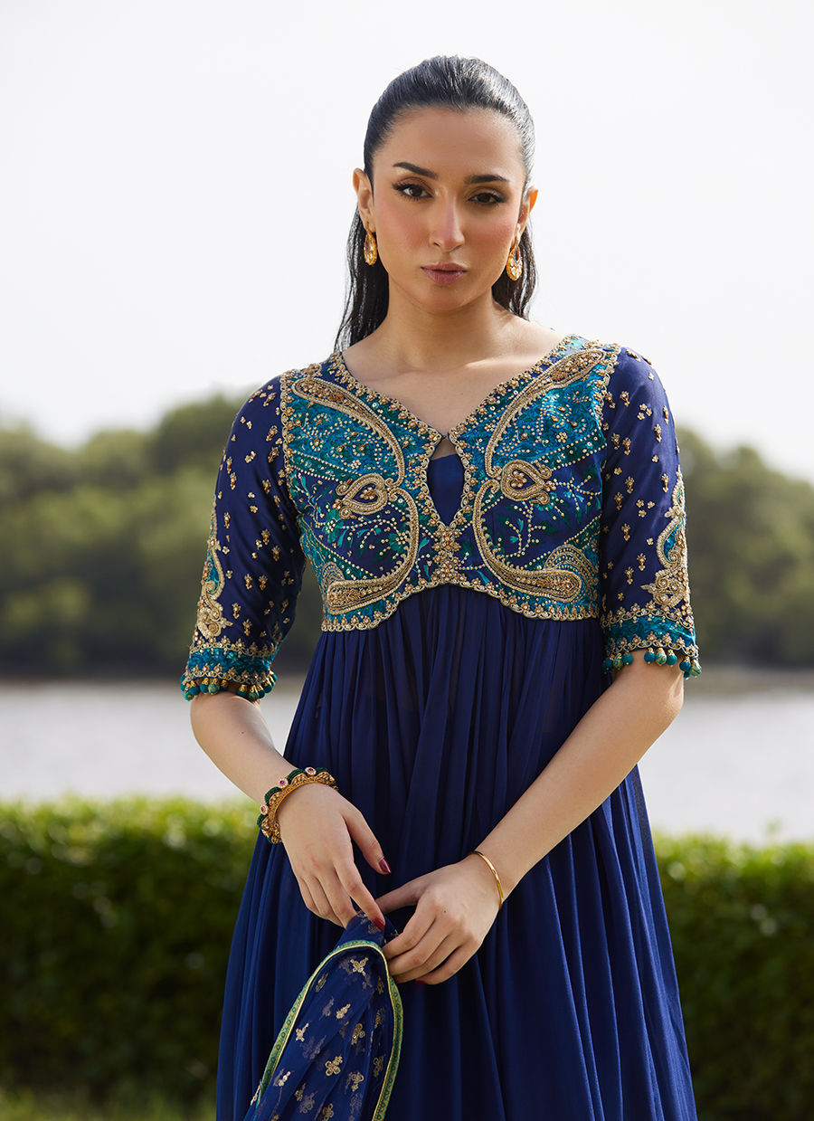 Farah Talib Aziz | Mayna Festive Luxe Pret | Zari Navy Kalidaar And Dupatta-3