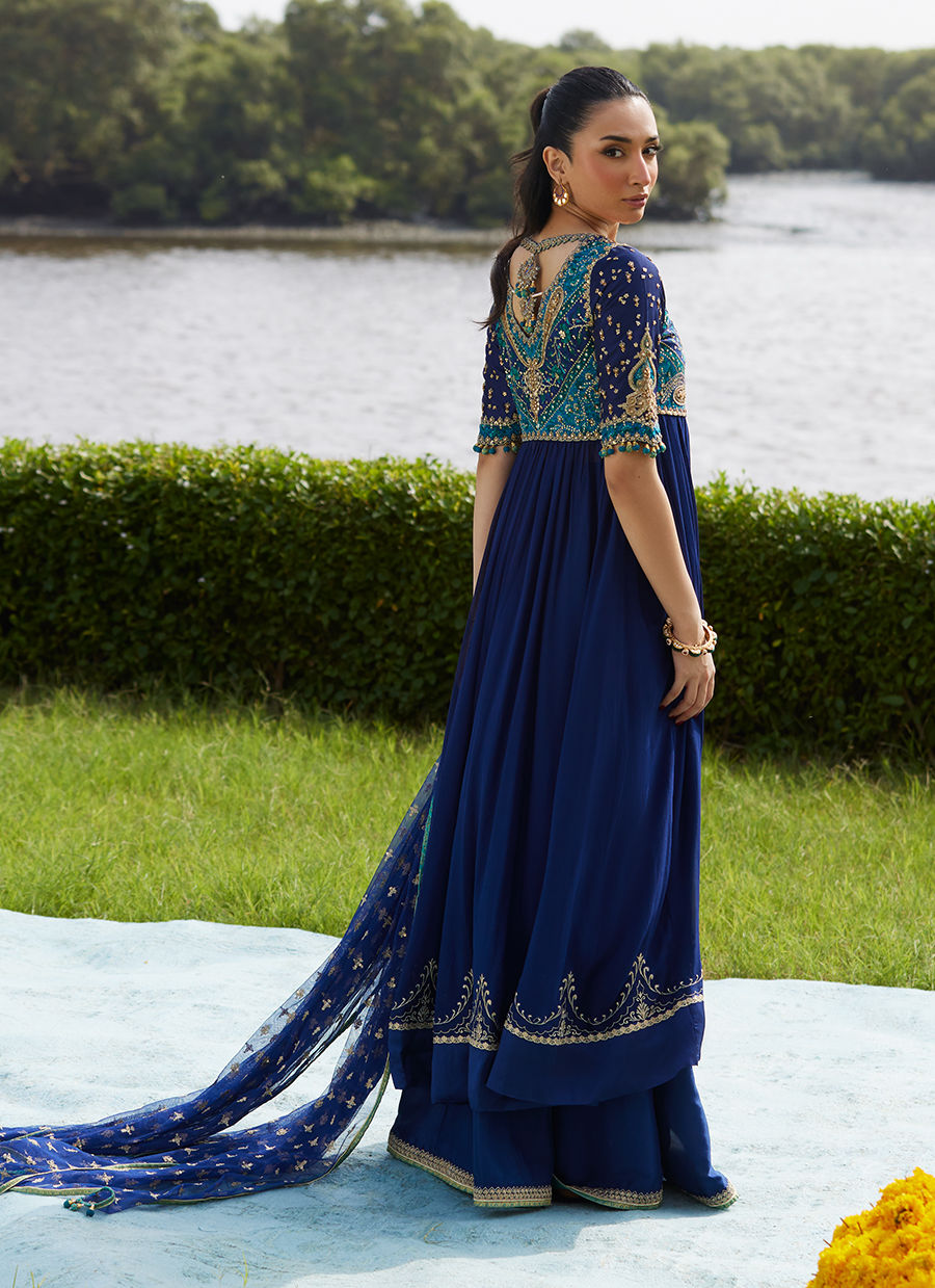 Farah Talib Aziz | Mayna Festive Luxe Pret | Zari Navy Kalidaar And Dupatta, image 2