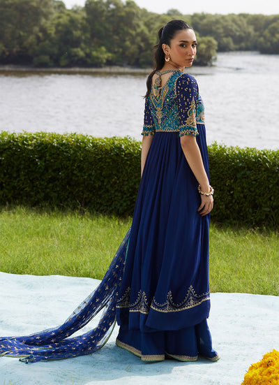Farah Talib Aziz | Mayna Festive Luxe Pret | Zari Navy Kalidaar And Dupatta