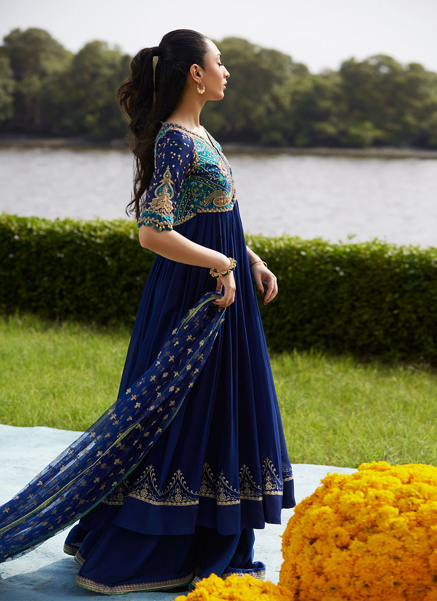 Farah Talib Aziz | Mayna Festive Luxe Pret | Zari Navy Kalidaar And Dupatta-5