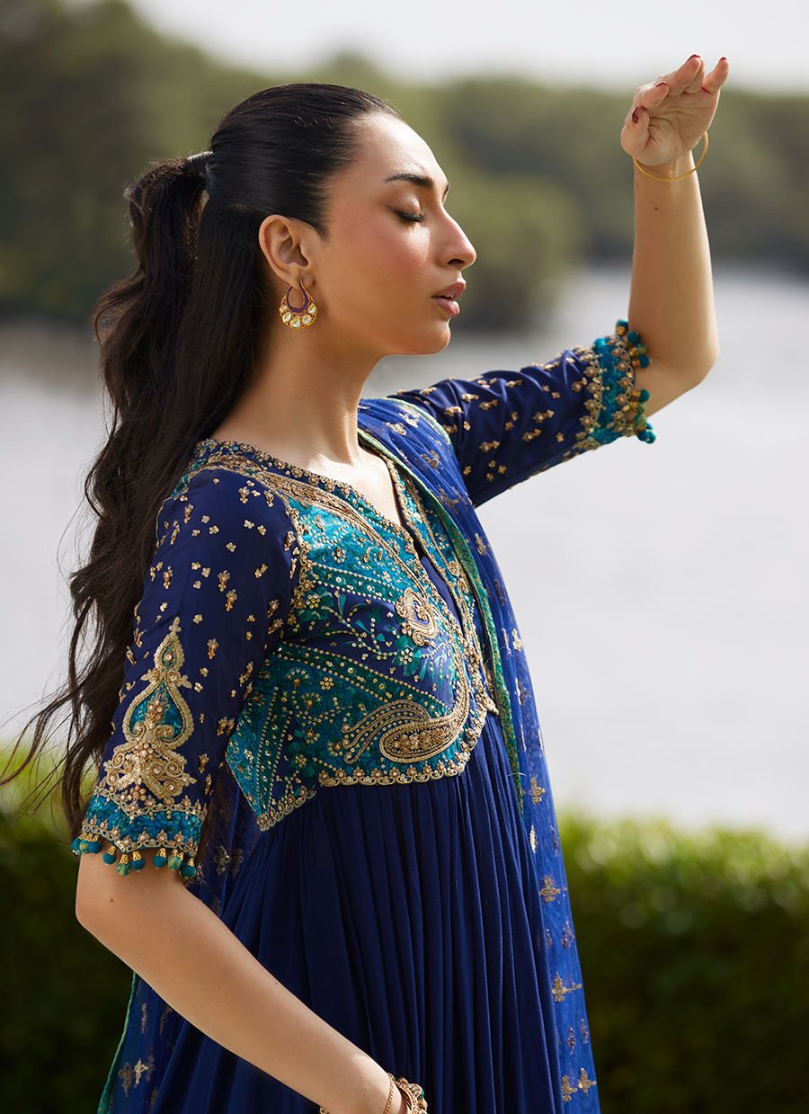 Farah Talib Aziz | Mayna Festive Luxe Pret | Zari Navy Kalidaar And Dupatta, image 4