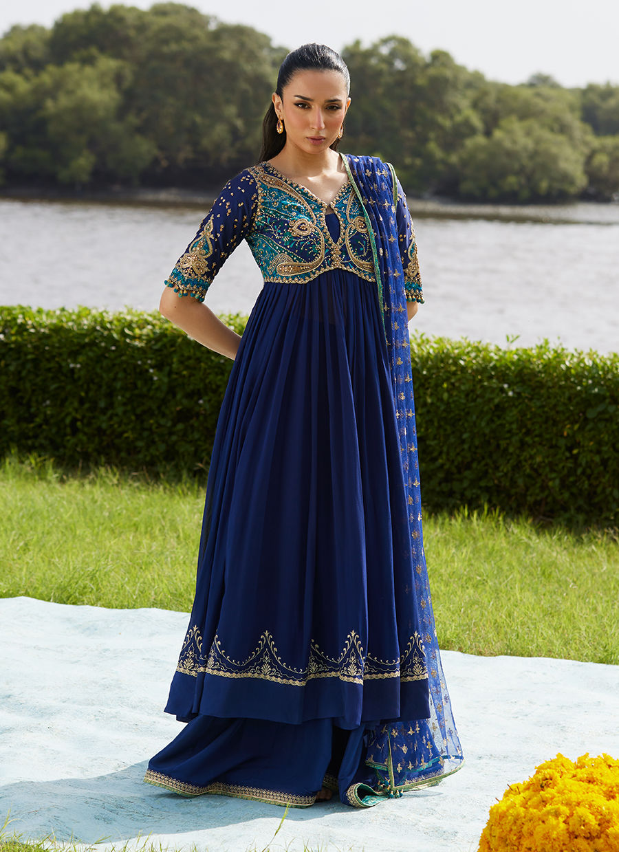 Farah Talib Aziz | Mayna Festive Luxe Pret | Zari Navy Kalidaar And Dupatta-6