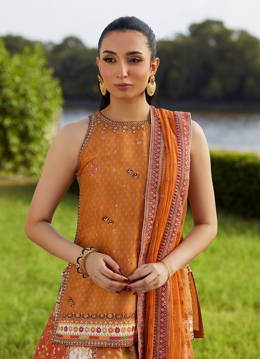 Farah Talib Aziz | Mayna Festive Luxe Pret | Sitar Saffron Shirt And Dupatta-3