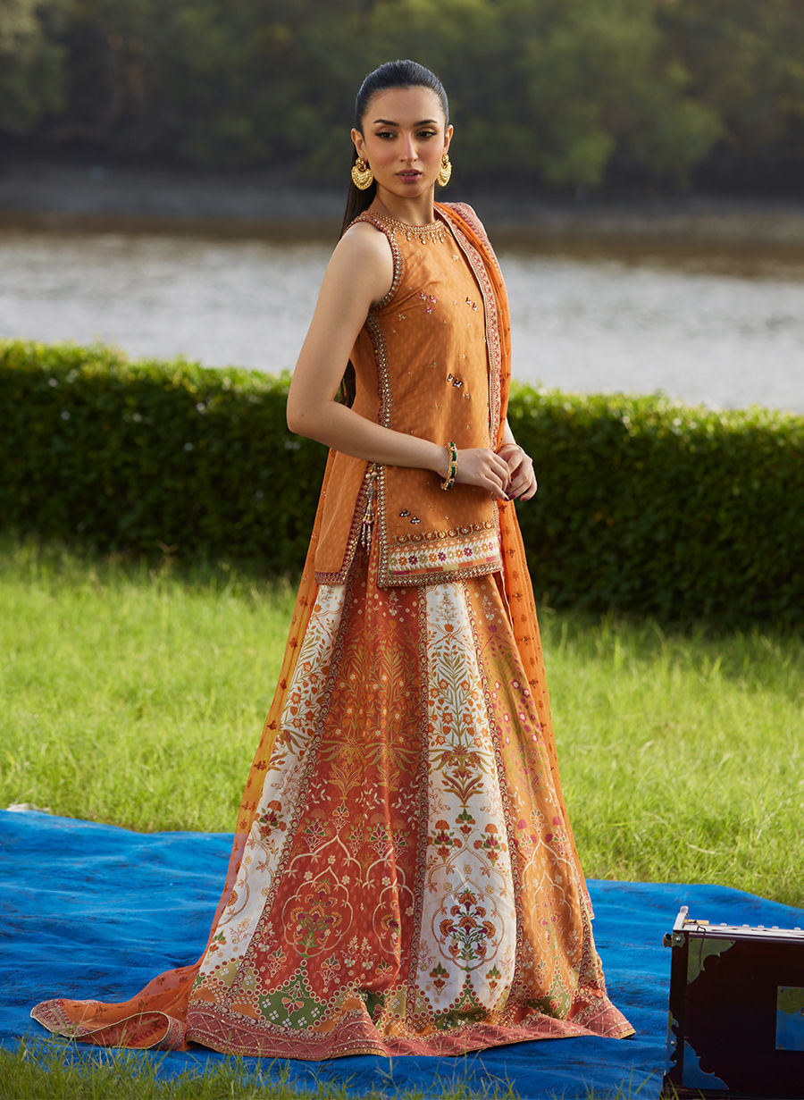 Farah Talib Aziz | Mayna Festive Luxe Pret | Sitar Saffron Shirt And Dupatta-2
