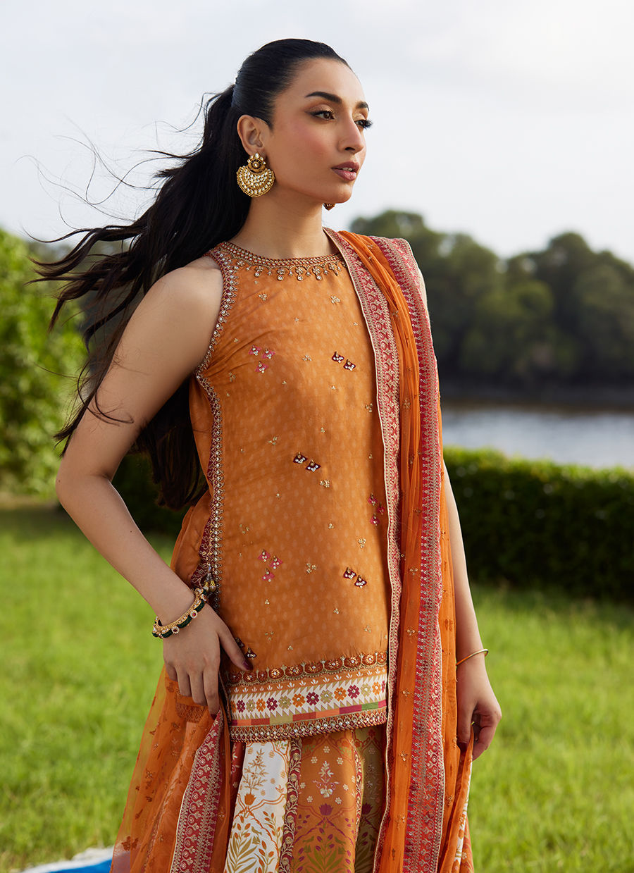 Farah Talib Aziz | Mayna Festive Luxe Pret | Sitar Saffron Shirt And Dupatta, image 4
