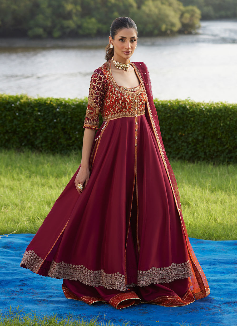 Farah Talib Aziz | Mayna Festive Luxe Pret | Anarq Crimson Kalidaar And Dupatta