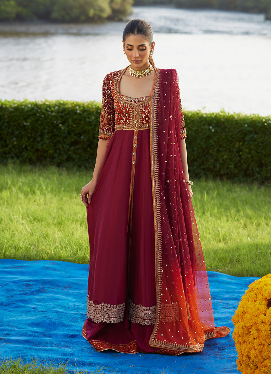 Farah Talib Aziz | Mayna Festive Luxe Pret | Anarq Crimson Kalidaar And Dupatta-5