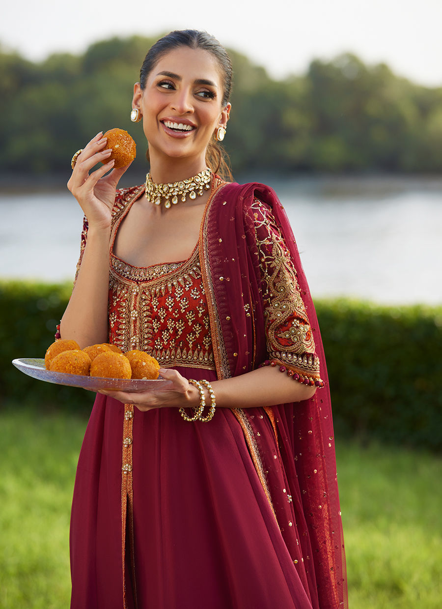 Farah Talib Aziz | Mayna Festive Luxe Pret | Anarq Crimson Kalidaar And Dupatta, image 4