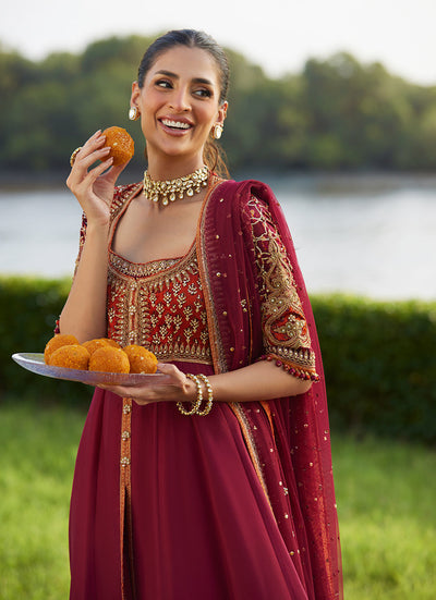 Farah Talib Aziz | Mayna Festive Luxe Pret | Anarq Crimson Kalidaar And Dupatta