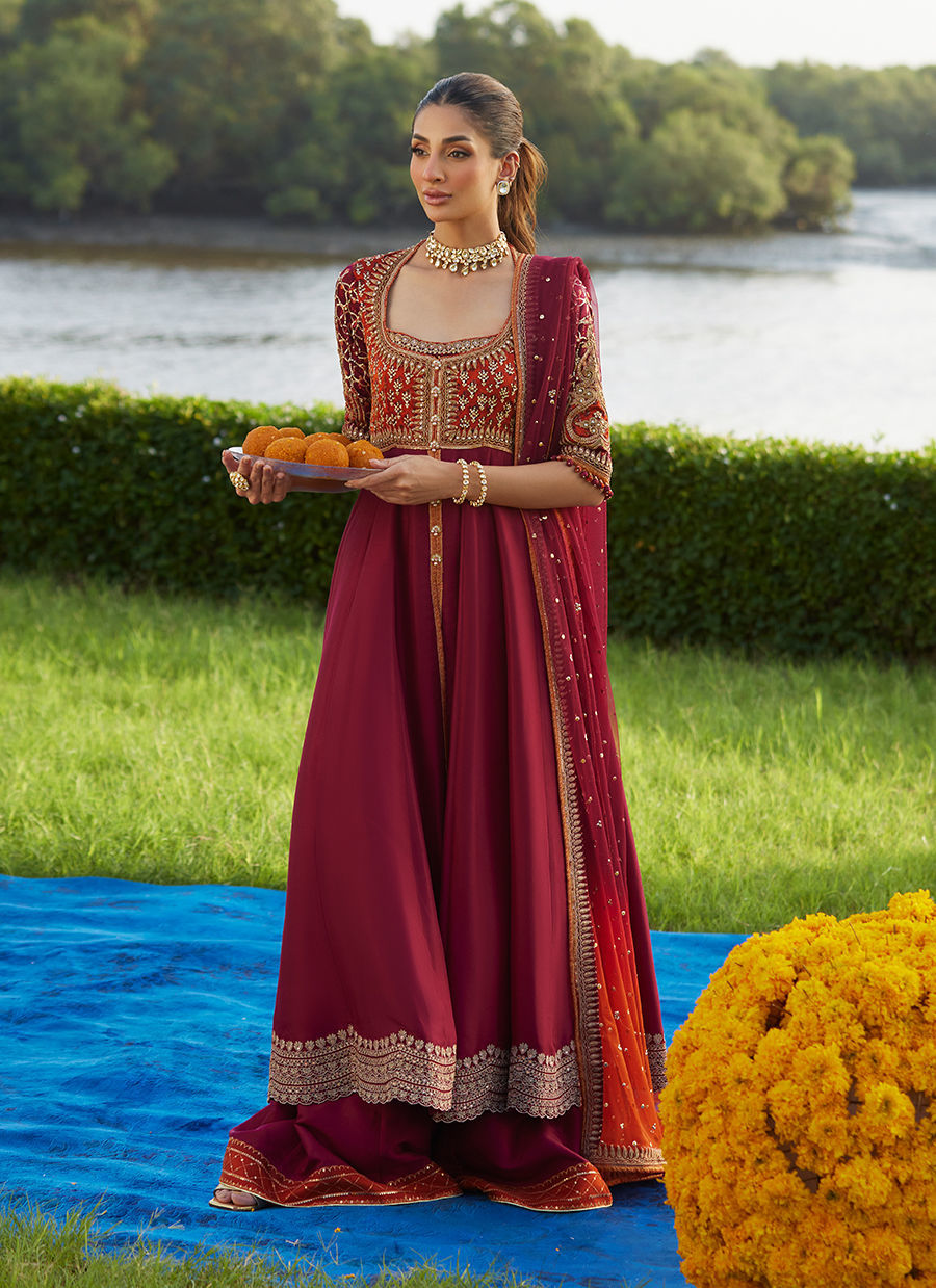 Farah Talib Aziz | Mayna Festive Luxe Pret | Anarq Crimson Kalidaar And Dupatta-2