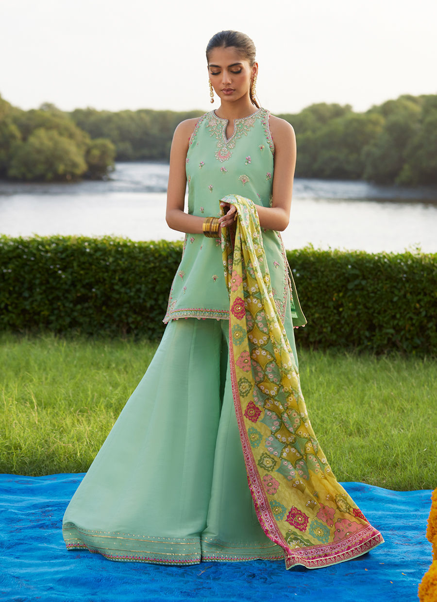 Farah Talib Aziz | Mayna Festive Luxe Pret | Cascade Mint Shirt And Dupatta