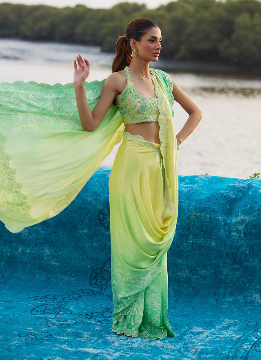 Farah Talib Aziz | Mayna Festive Luxe Pret | Celeste Ombre Saree, image 2