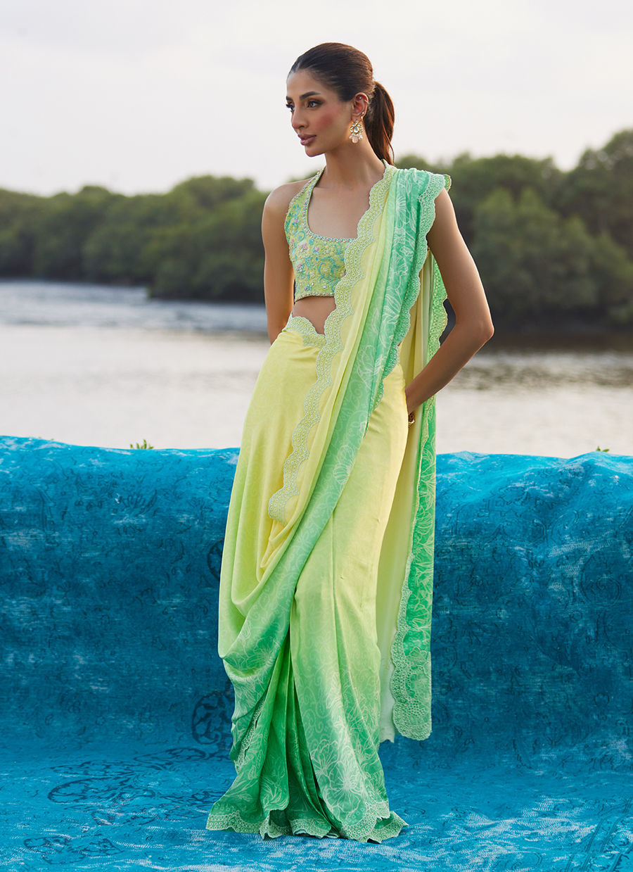 Farah Talib Aziz | Mayna Festive Luxe Pret | Celeste Ombre Saree, image 5