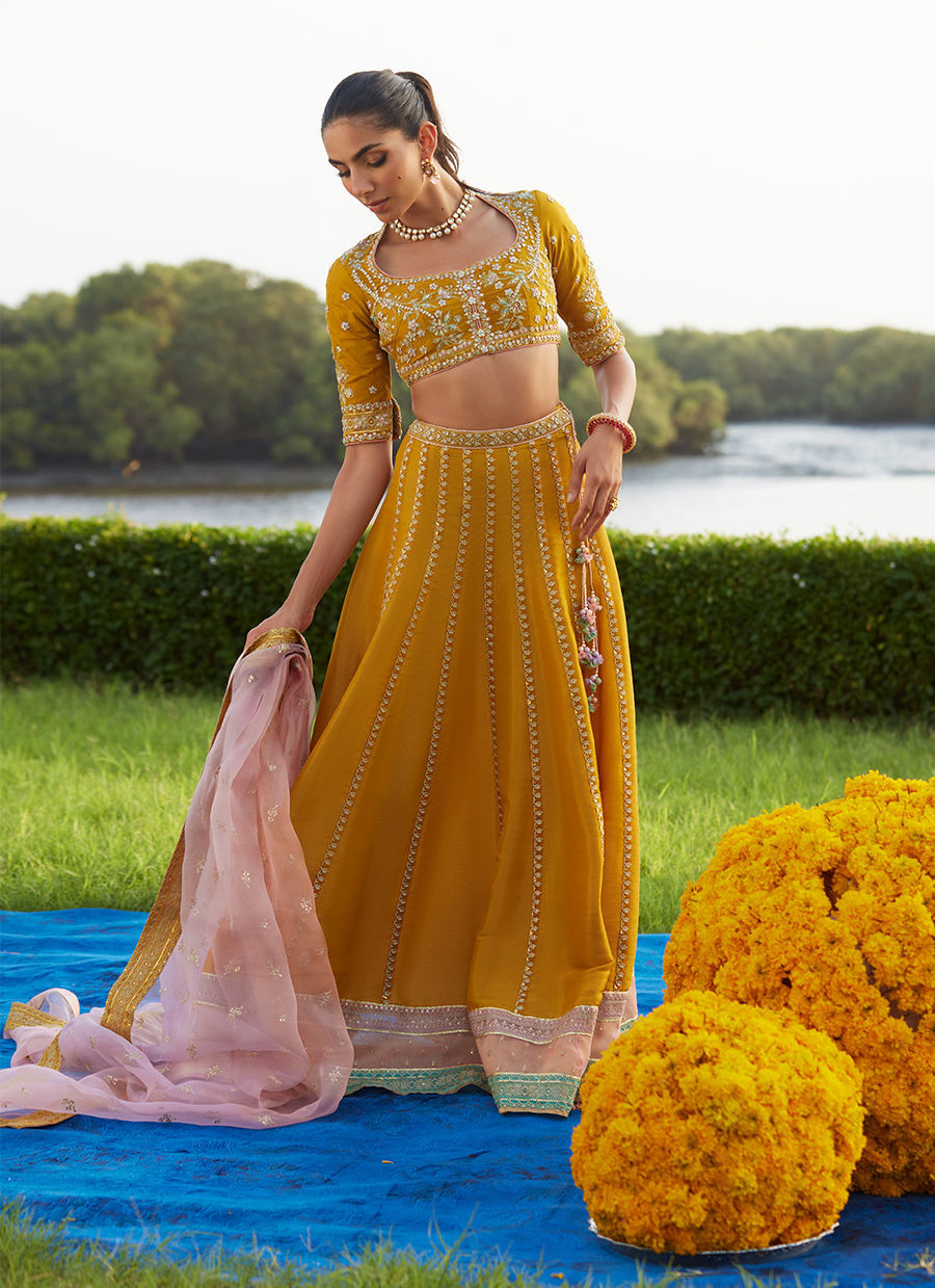 Farah Talib Aziz | Mayna Festive Luxe Pret | Zard Lengha Choli, image 4