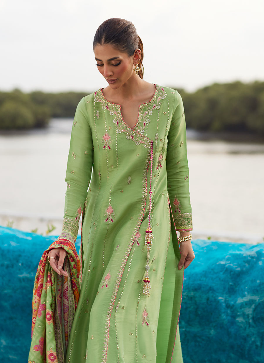 Farah Talib Aziz | Mayna Festive Luxe Pret | Elysian Sage Shirt And Dupatta-3