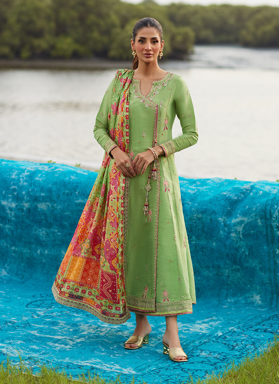 Farah Talib Aziz | Mayna Festive Luxe Pret | Elysian Sage Shirt And Dupatta-5