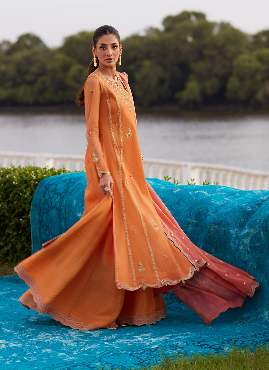 Farah Talib Aziz | Mayna Festive Luxe Pret | Anarkali Apricot Kalidaar And Dupatta-2
