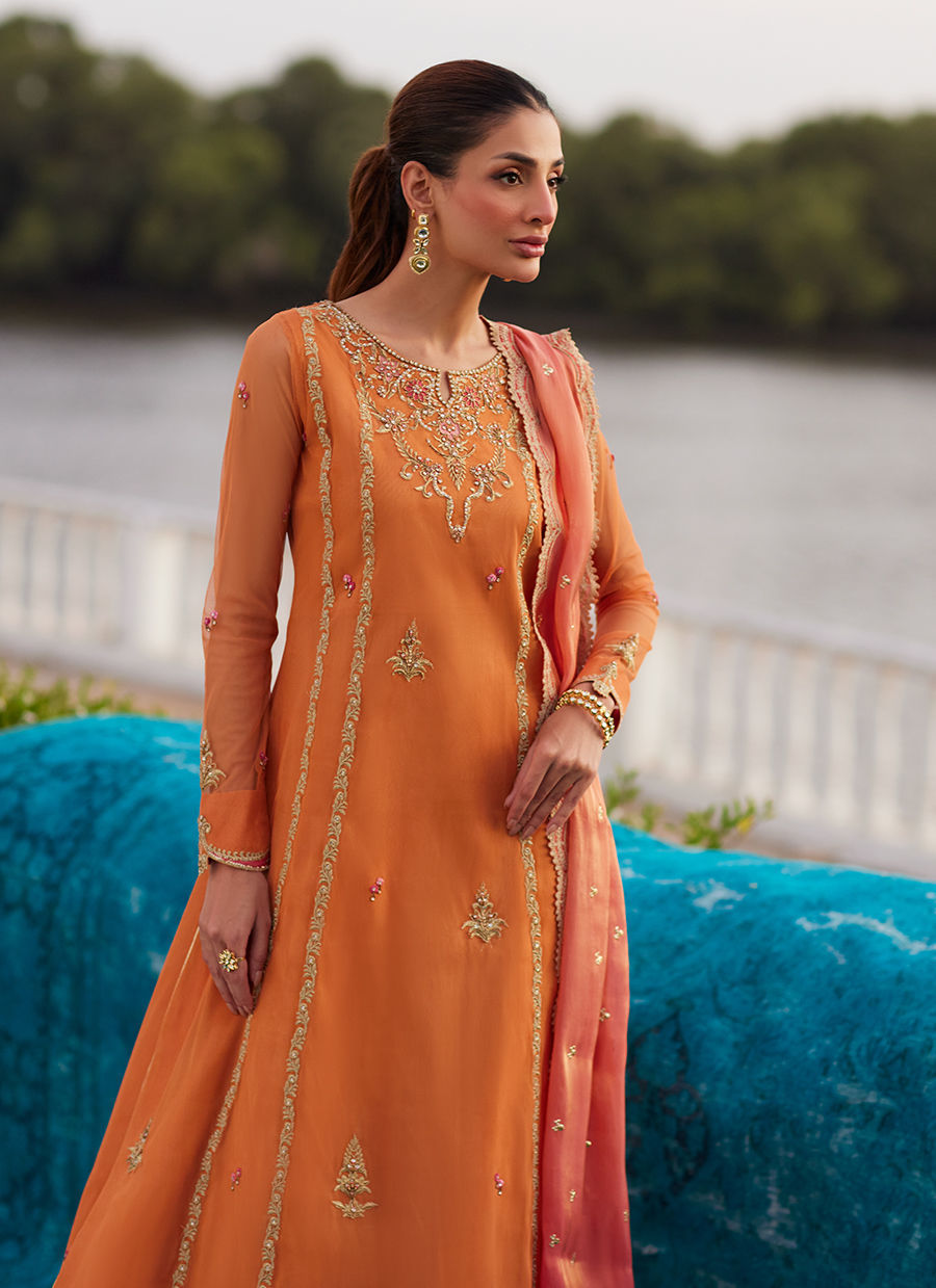 Farah Talib Aziz | Mayna Festive Luxe Pret | Anarkali Apricot Kalidaar And Dupatta-4