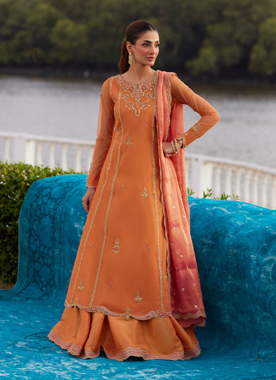 Farah Talib Aziz | Mayna Festive Luxe Pret | Anarkali Apricot Kalidaar And Dupatta, image 5