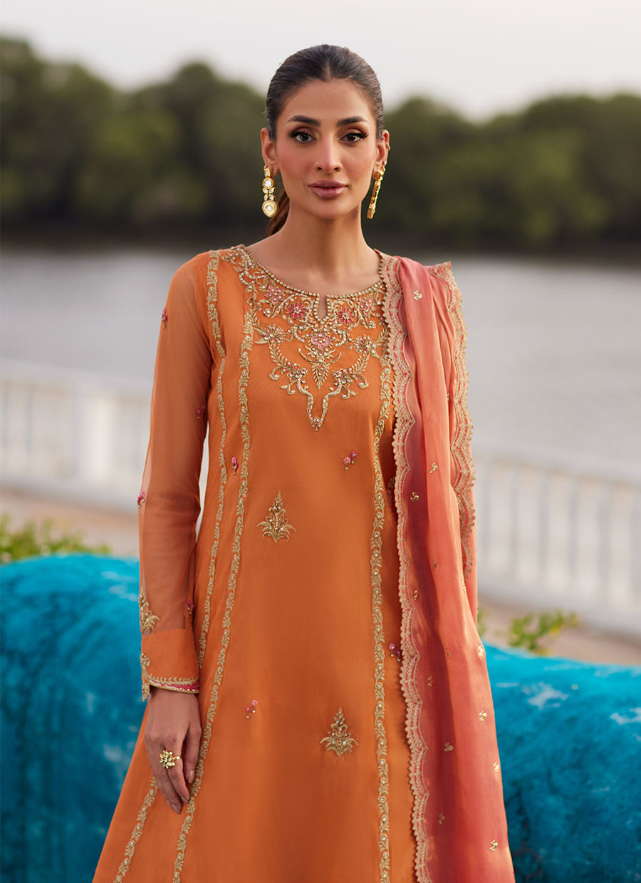 Farah Talib Aziz | Mayna Festive Luxe Pret | Anarkali Apricot Kalidaar And Dupatta-3