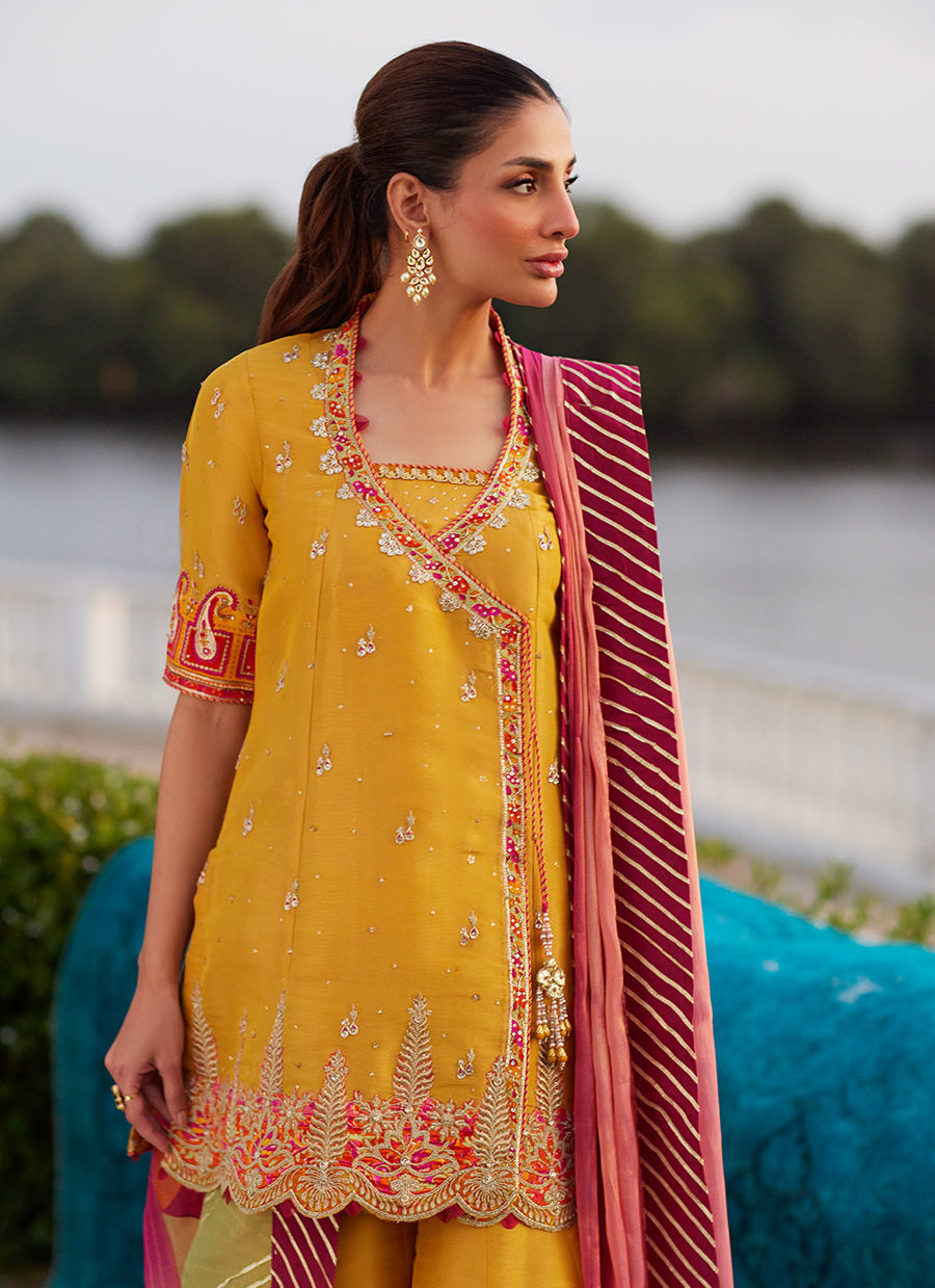 Farah Talib Aziz | Mayna Festive Luxe Pret | Henna Saffron Angharkha And Dupatta-3