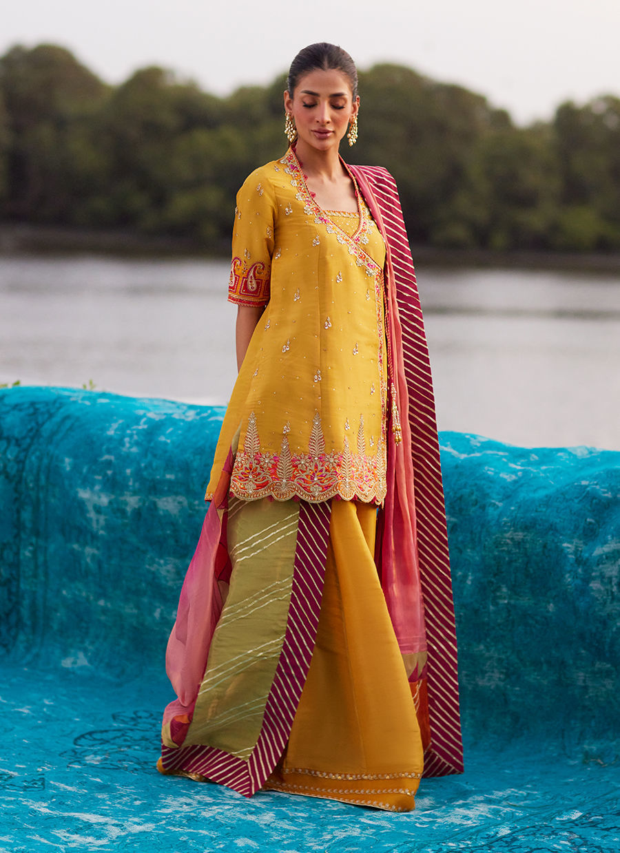 Farah Talib Aziz | Mayna Festive Luxe Pret | Henna Saffron Angharkha And Dupatta, image 5