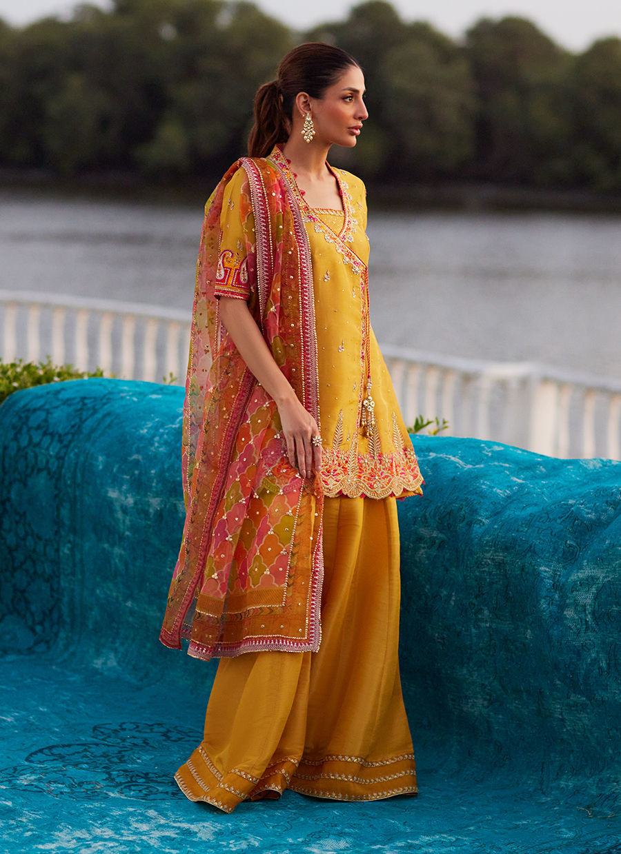 Farah Talib Aziz | Mayna Festive Luxe Pret | Henna Saffron Angharkha And Dupatta-2