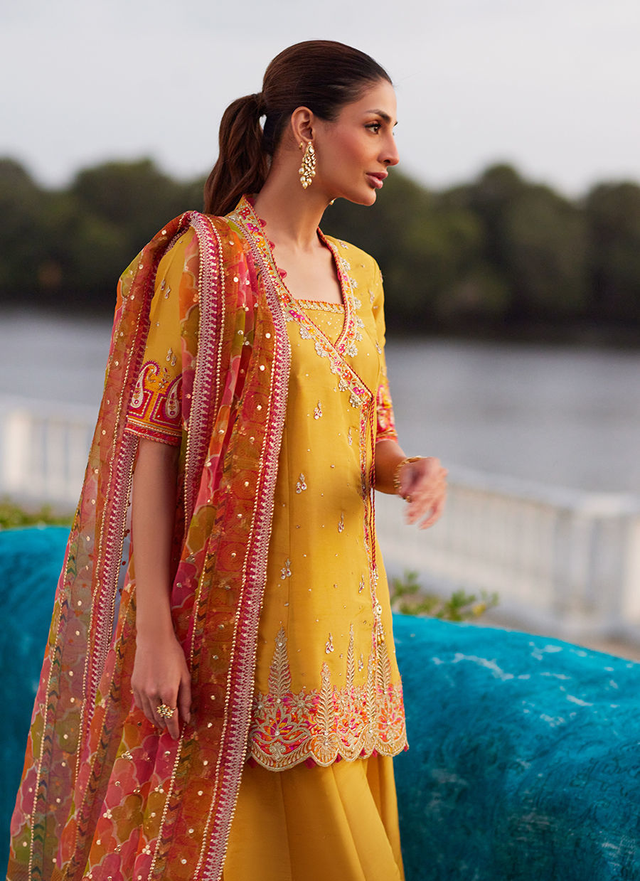 Farah Talib Aziz | Mayna Festive Luxe Pret | Henna Saffron Angharkha And Dupatta, image 4
