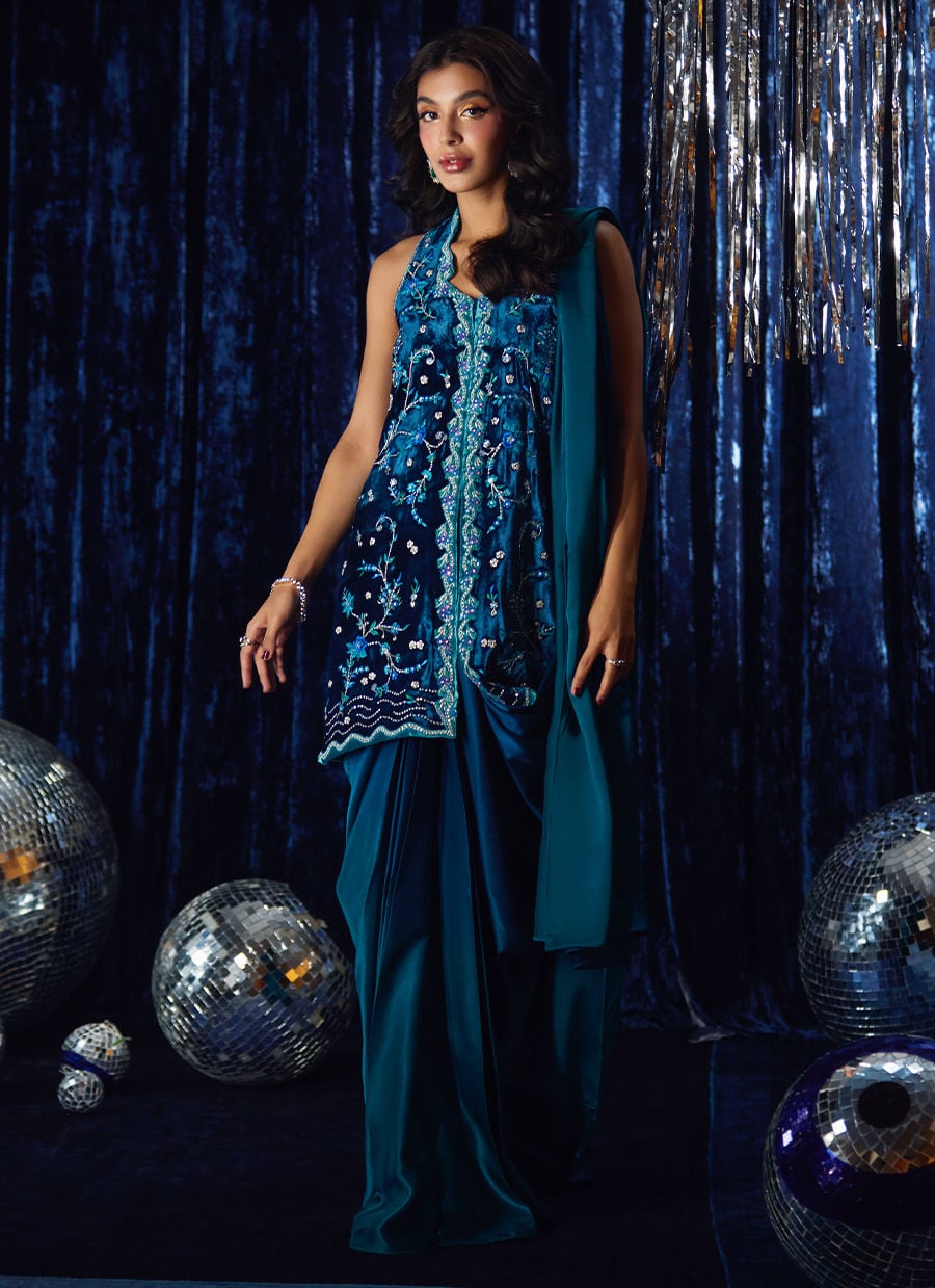 Farah Talib Aziz | Velvet Fete 4 | Pri Prussian Blue Saari Jacket