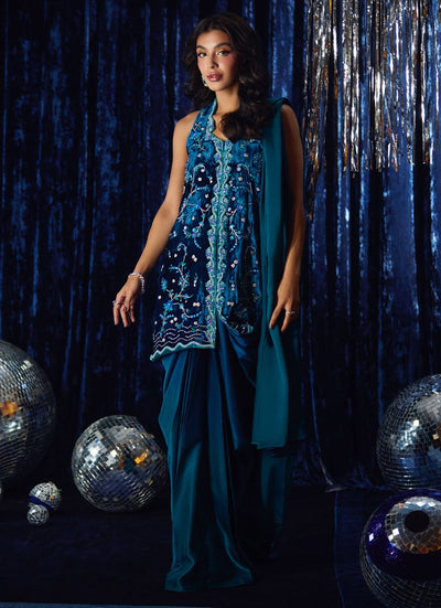 Farah Talib Aziz | Velvet Fete 4 | Pri Prussian Blue Saari Jacket
