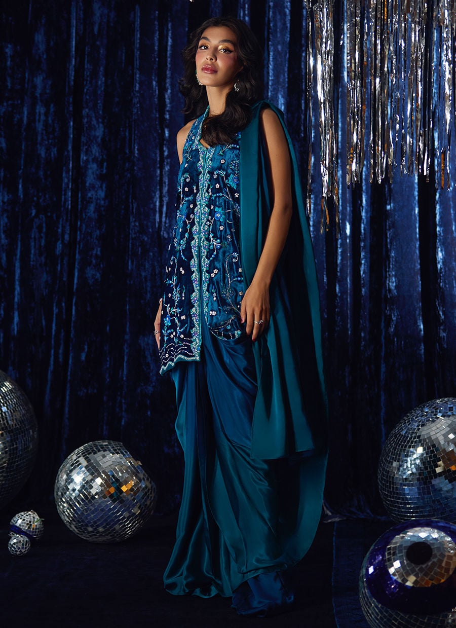 Farah Talib Aziz | Velvet Fete 4 | Pri Prussian Blue Saari Jacket, image 5