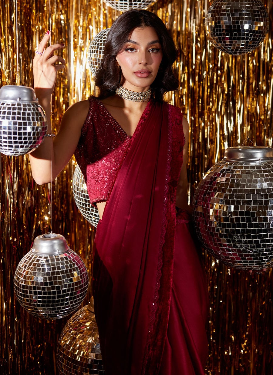 Farah Talib Aziz | Velvet Fete 4 | Carmine Charmeuse Saree And Velvet Blouse-3