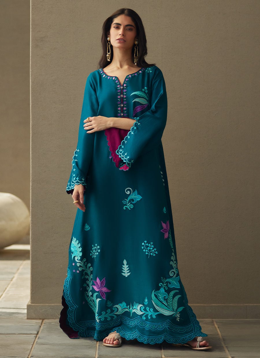 Farah Talib Aziz | Laani The Kaftan Edit | Azurea Teal Silk