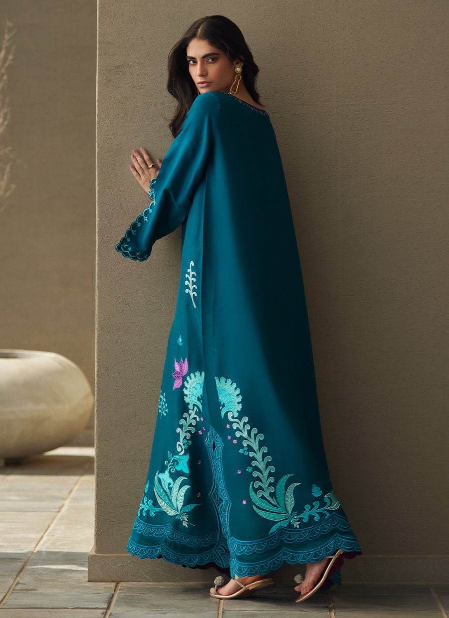 Farah Talib Aziz | Laani The Kaftan Edit | Azurea Teal Silk, image 2