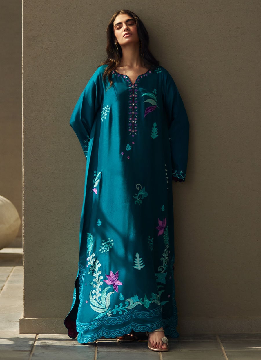 Farah Talib Aziz | Laani The Kaftan Edit | Azurea Teal Silk-5