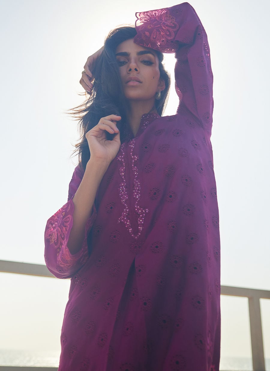 Farah Talib Aziz | Laani The Kaftan Edit | Marbella Magenta Silk, image 4