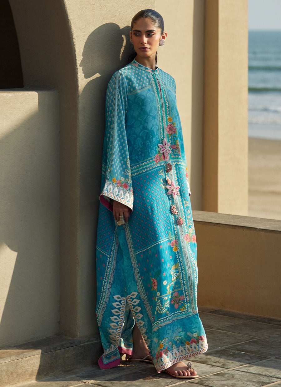 Farah Talib Aziz | Laani The Kaftan Edit | Amaris Sky-Blue Crepe