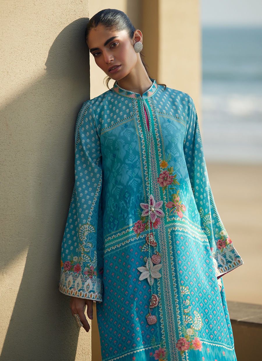 Farah Talib Aziz | Laani The Kaftan Edit | Amaris Sky-Blue Crepe, image 4