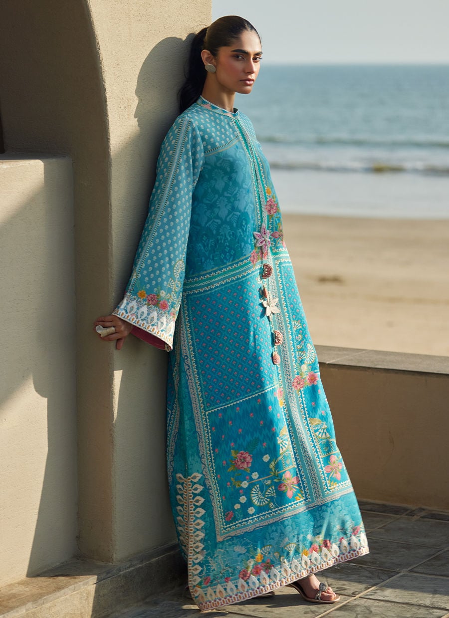 Farah Talib Aziz | Laani The Kaftan Edit | Amaris Sky-Blue Crepe-5