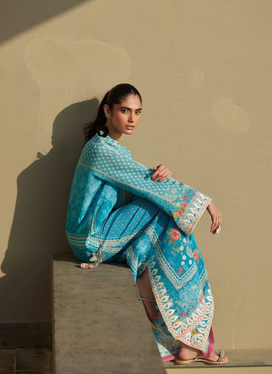 Farah Talib Aziz | Laani The Kaftan Edit | Amaris Sky-Blue Crepe, image 6
